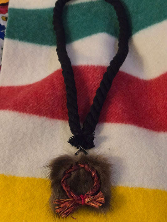 Red cedarbark ring necklace with Mink Fur
