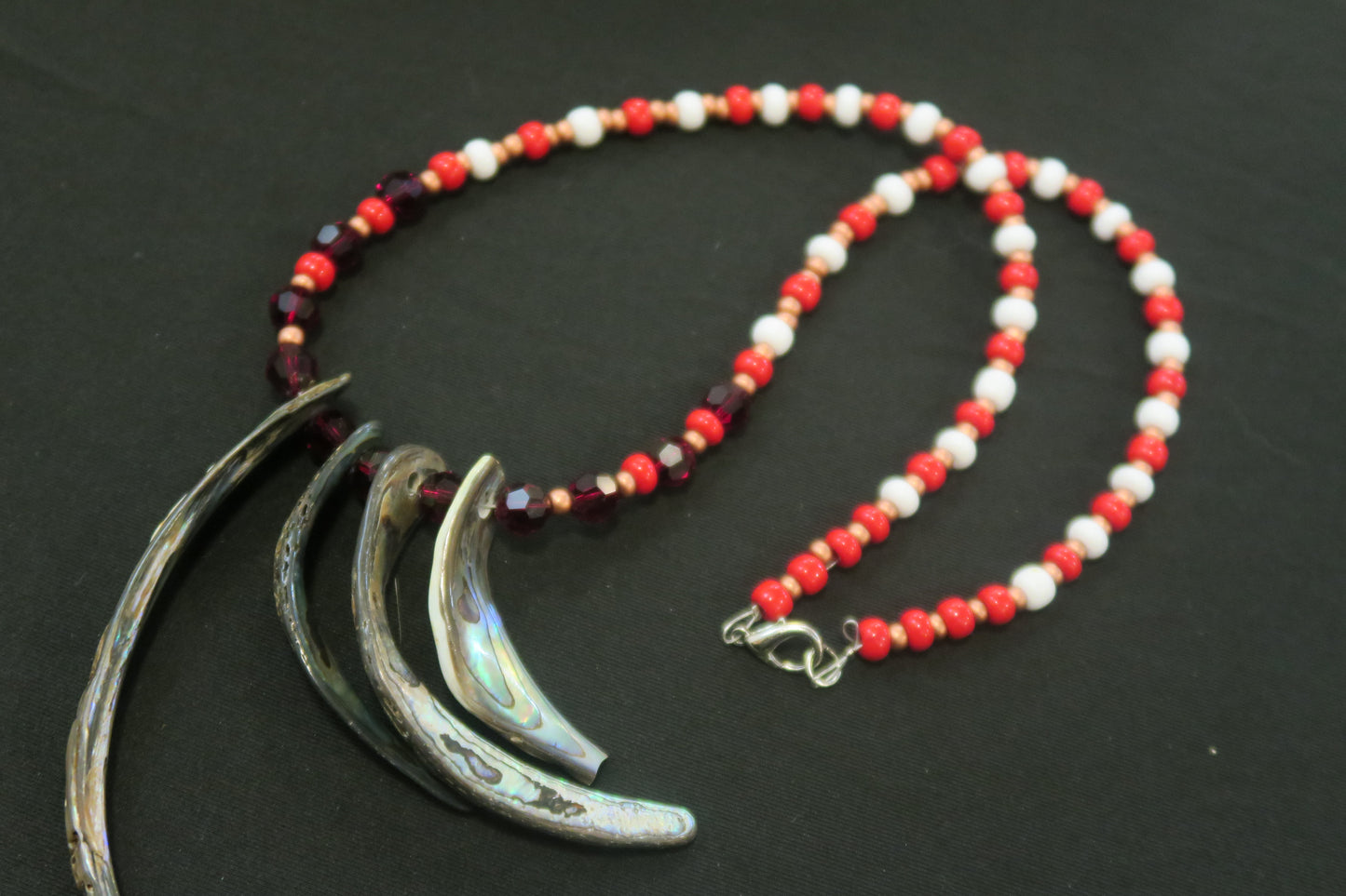 Abalone necklace with copper, red & white accents,