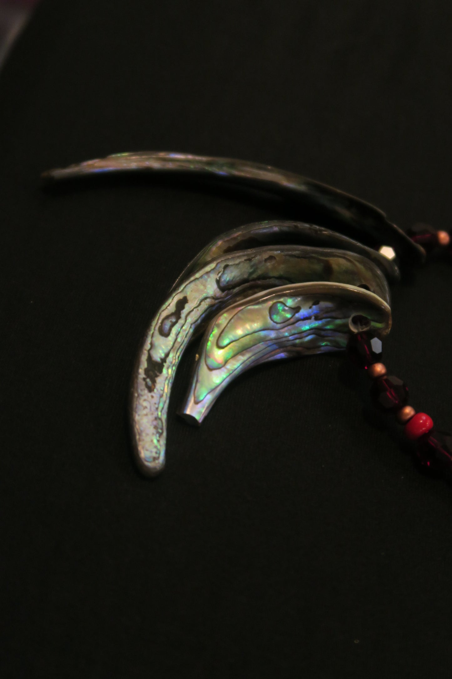 Abalone necklace with copper, red & white accents,