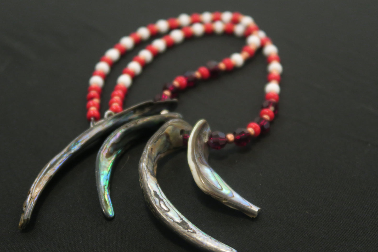 Abalone necklace with copper, red & white accents,